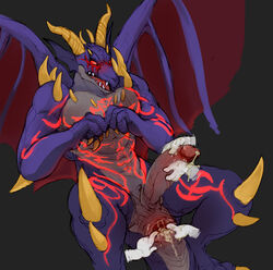abs anthro anus biceps big_muscles blush cum custapple darkness_dragon_shamuda disembodied_hand dragon dragon_quest erection facial_markings handjob horn humanoid_penis male male_only markings muscles nude open_mouth pecs penis purple_scales red_eyes red_markings scalie shoulder_spikes video_games western_dragon wings