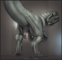 2015 anthro anus claws dinosaur english_text erection evalion feral hi_res indominus_rex jurassic_park jurassic_world male open_mouth penis precum red_eyes rule_63 scales scalie sharp_teeth solo_male spikes talons teeth text