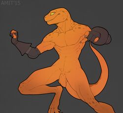 1boy 2015 amit anthro claws clothed clothing digitigrade fingerless_gloves flaccid gecko gloves grey_background grin humanoid_penis lizard long_foreskin male male_only muscles orange_scales penis reptile scalie sharp_teeth simple_background solo spots teeth yellow_eyes yellow_scales