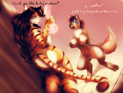 anthro big_breasts breast_grab breasts canine digitigrade duo english_text feline female heterochromia huge_breasts mammal nude pussy stripes text tiger watsup wolf