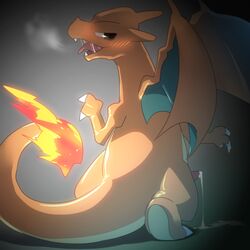 biozs blush charizard claws cum cum_on_ground cum_on_penis feral fire looking_at_viewer looking_back male male_only nintendo open_mouth penis pokemon pokemon_(species) saliva solo steam tongue video_games wings