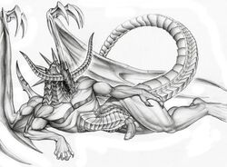 1boy 2015 abs anthro bahamut_(final_fantasy) biceps big_penis claws digitigrade dragon erection eyeless fangs final_fantasy final_fantasy_ix horn lying male male_only monochrome muscles nude on_side open_mouth pecs penis pinup pose reptile rollwulf scales scalie simple_background solo teeth thick_tail thick_thighs toned traditional_media_(artwork) vein video_games western_dragon wings