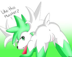 anus defalt female feral fur gradient_background green_hair hair happy legendary_pokemon looking_at_viewer mammal nintendo open_mouth pokemon pokemon_(species) pussy shaymin shaymin_(sky_form) simple_background solo teasing text video_games white_fur