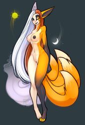 breasts canine female fox human mammal mewyfox multi_tail nipples pussy solo transformation