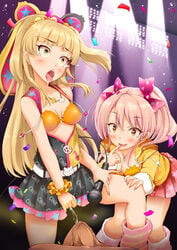 2girls age_difference blonde_hair eizan femdom golden_shower idolmaster idolmaster_cinderella_girls jougasaki_mika jougasaki_rika long_hair multiple_girls pee_in_mouth peeing ribbons saliva socks spread_legs tears