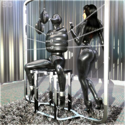 asphyxiation bondage bound bound_legs breathplay catsuit chains chair dominatrix female gagged helpless hood immobilization latex metal neckbrace restrained rubber sensory_deprivation slave source_request straitjacket suffocation whip