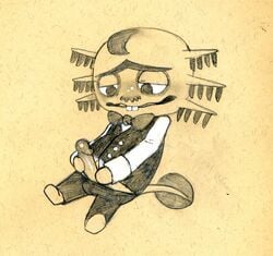 animal_crossing anthro axolotl blush bow_tie buckteeth bulge clothing dr.shrunk_(animal_crossing) erection featureless_arms holding_penis humanoid_penis male male_only monochrome nintendo pants pencil_(artwork) penis poking_out reclining solo traditional_media_(artwork) tush vest video_games