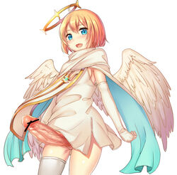 1futa ahoge angel angel_wings blonde_hair blue_eyes censored elbow_gloves futa_only futanari gloves hair intersex looking_at_viewer mokyu_(kukoudesu) niel_(sennen_sensou_aigis) penis sennen_sensou_aigis short_hair simple_background single_thighhigh smile solo thighhighs veins veiny_penis white_background white_gloves white_legwear wings