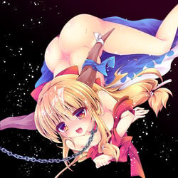 ass back blonde_hair blush chains collar cum cute_fang enjoy_mix facial female leash long_hair low-tied_long_hair naked_ribbon nipples nude oni_horns red_eyes ribbon skirt skirt_removed small_breasts solo suika_ibuki tears touhou very_long_hair