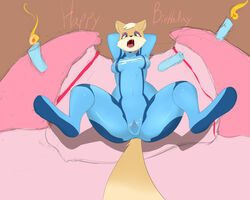 1girls acstlu anthro birthday cake clothes female food fox_ears fox_mccloud fox_tail fur furry furry_only gatekeeper green_eyes nintendo open_mouth pussy rule_63 shiny solo star_fox thick_thighs tight_clothes torn_clothes video_games zero_suit