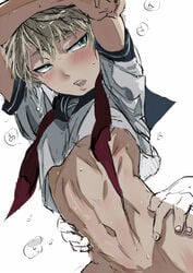 2boys aldnoah.zero anal arched_back blonde_hair blue_eyes blush crossdressing femboy gay girly green_eyes hands_on_hips heavy_breathing hip_grab implied_sex male_only midriff open_mouth school_uniform serafuku silver_hair slaine_troyard solo_focus tagme tarakoutibiru yaoi