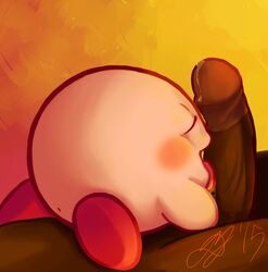 2015 anus blush closed_eyes dalprons dark_skin duo erection human kirby kirby_(series) licking male mammal nintendo nude penis signature simple_background tongue tongue_out video_games waddling_head