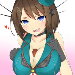 1boy absurdres black_gloves blue_eyes blush breast_squeeze breasts brown_hair duo female gloves gori_matsu_(turuyasann2) gradient gradient_background hair_ornament hairclip hat headgear heart highres kantai_collection large_breasts looking_at_viewer maya_(kantai_collection) nipples open_mouth paizuri penis pov remodel_(kantai_collection) short_hair sleeveless solo_focus straight uncensored