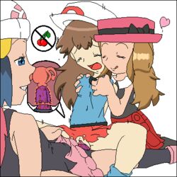 3girls bare_shoulders black_legwear bloggerman blonde_hair blue_eyes blue_hair breast_grab brown_hair closed_eyes clothed_sex color dawn_(pokemon) dildo female female_only hat heart human human_only leaf_(pokemon) long_hair multiple_girls nintendo pokemon rapidfirefaraday scarf serena_(pokemon) shirt simple_background skirt smile socks tongue very_long_hair yuri