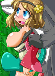 1boy 1girls alternate_costume blue_eyes breasts female female_human femsub hair_flower human kimono large_breasts male male/female male_pangoro male_pokemon male_pokemon/female_human maledom nintendo nipples pangoro pokemon pokemon_(anime) pokephilia serena_(pokemon) short_hair showcase_outfit sweat tears text translation_request yorunoko