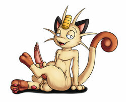 animal_genitalia anthro anthrofied balls barbs barefoot bedroom_eyes cute_fangs emenius erection feline feline_penis half-closed_eyes holding_penis long_penis looking_at_viewer male male_only mammal meowth nintendo nude open_mouth pawpads penis pokemon precum sheath side_view sitting video_games