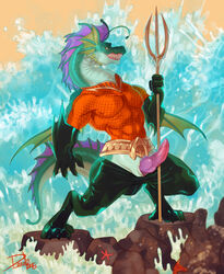 1boy abs animal_genitalia anthro anthrofied aquaman aquaman_(series) aquatic_dragon bad_dragon belt clothing cosplay dc digitigrade doxolove dragon fin genital_slit gloves knot male male_only melee_weapon muscles pants pants_down penis polearm sharp_teeth slit smile solo spritz_the_seadragon teeth trident vein water weapon wide_hips