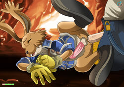 abstract_background anal anal_sex anthro anus ass balls bbmbbf blue_shirt bottomless brown_fur cedric_(dark_cloud_2) clothed clothing cum cum_on_penis dark_chronicle dark_cloud_2 duo english_text fur half-dressed human humanoid_penis lagomorph leg_glider_position long_ears lying male male_only mammal moon_people on_top open_mouth palcomix pau_(dark_cloud_2) penetration penis rabbit raised_leg rear_deliveries reverse_cowgirl_position sex simple_background text video_games yaoi