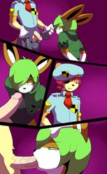 2013 duo erection feline fellatio green_eyes green_hair hair hand_on_head kneeling lagomorph lotte_(munkeesgomu) male mammal munks_(artist) munks_(munkeesgomu) necktie oral penis purple_eyes rabbit red_hair restrained sex undressing uniform yaoi