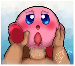 2015 anal blue_eyes blush dalprons duo erection feet human kirby kirby_(series) male mammal nintendo nude open_mouth orgasm penis pov sex signature simple_background yaoi