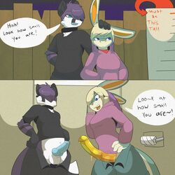 1boy 1futa animal_genitalia balls breasts canine canine_penis clothing comparing curvy duo embarrassed equine_penis erection exposing fox futa_with_male futanari hair hoodie huge_penis intersex knot lagomorph large_breasts male mammal munks_(artist) penis penis_out purple_hair rabbit size_difference
