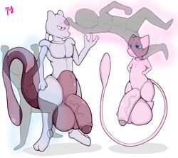 balls big_balls big_penis blue_eyes duo feral human legendary_pokemon looking_at_viewer male male_only mammal mew mewtwo nintendo penis pfh pokemon pokemon_(species) red_eyes simple_background smile vein video_games