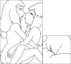 2girls animated ass bloggerman blush breasts female female_only french_kiss hug human human_only kissing leaf_(pokemon) long_hair monochrome multiple_females nintendo nude pokemon serena_(pokemon) simple_background symmetrical_docking tongue tribadism very_long_hair yuri