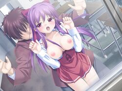 1boy against_glass aki_no_urara_no_akane-iro_shoutengai bent_over blush bow breast_press breasts breasts_on_glass brother_and_sister classroom clothing female from_behind game_cg hair_ribbon incest long_hair nipples no_bra odajima_kosuzu odajima_kousuke open_clothes open_shirt peko penetration petite purple_eyes purple_hair pussy_juice ribbon school_uniform serafuku sex shirt siblings skirt vaginal_penetration window