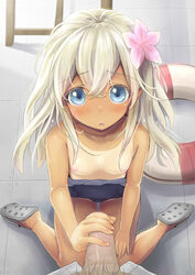 blonde_hair blue_eyes female flower hair_flower hair_ornament hakiata handjob highres innertube kantai_collection long_hair messy_hair nipples open_mouth penis pov_crotch ro-500_(kantai_collection) school_swimsuit sitting small_breasts swimsuit swimsuit_pull tan tanline tile_floor tiles topless wariza