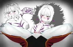 11hr 1boy 2girls big_breasts blowjob blush dante_(limbus_company) hair_ornament heart ishmael_(limbus_company) limbus_company looking_at_viewer nipples orange_eyes outis_(limbus_company) penis pov project_moon pushing ribbon spread_legs tattoo thick_thighs white_hair