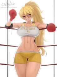 1girl abs artist_name big_breasts blonde_female blonde_hair boxing_gloves crop_top cslucaris patreon_username pink_eyes rwby shorts signature viz_media workout workout_clothes yang_xiao_long