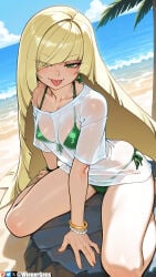 1girl 2026 2d absurd_res absurd_resolution absurdres ai_generated beach bead_bracelet bikini bikini_under_clothes blonde_hair blue_sky blush bracelet breasts cloud collarbone day earrings game_freak green_bikini green_eyes hair_over_one_eye hi_res high_quality high_resolution highres image jewelry long_hair looking_at_viewer lusamine_(pokemon) nintendo ocean outdoors patreon patreon_username pokemon rock see-through shirt short_sleeves side-tie_bikini_bottom sitting sky small_breasts smile solo string_bikini swimsuit t-shirt thighs tongue tongue_out tree uncensured very_long_hair wariza water watermark wet wet_clothes wet_shirt white_shirt wienergens