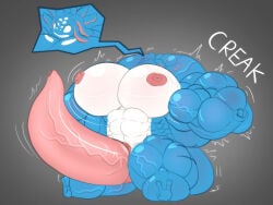 4:3 anthro big_muscles big_penis blue_body close_to_bursting erection expansion fizz_(lol) genitals growth hi_res huge_muscles huge_penis hyper hyper_genitalia hyper_muscles hyper_penis immobile league_of_legends male muscular muscular_male nipples onomatopoeia pecs penis riot_games simple_background solo sound_effects tencent text vein vezerem yordle