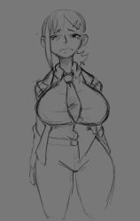 breasts button_down_shirt chainsaw_man fram_lina higashiyama_kobeni huge_breasts large_breasts open_jacket pants short_hair sketch slim_waist tagme thick_thighs tie tight_clothing voluptuous wide_hips