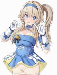 1girls alternate_version_at_source alternate_version_available big_breasts blonde_hair blush breasts censored dress feet_out_of_frame female female_only girls'_frontline girls'_frontline_2:_exilium gloves groin hairband large_breasts long_hair mosaic_censoring open_mouth panties panties_down pussy side_ponytail sweat sweatdrop tabii vepley_(girls'_frontline_2)