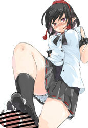 bar_censor black_hair black_legwear blush bow censored cum female footjob hat kneehighs leg_up looking_at_viewer male miniskirt panties penis pointy_ears red_eyes sape_(saperon_black) shameimaru_aya shirt short_hair short_sleeves simple_background skirt smile solo_focus string tokin_hat touhou underwear white_background white_panties