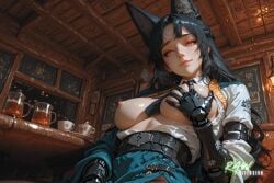 ai_generated anime artist_name big_breasts black_hair breasts cute ecchi fox_ears fox_girl fox_tail hentai hi_res high_quality high_resolution highres hoshimi_miyabi large_breasts naked nsfw nude nude_female partially_clothed patreon_username pose rawdiffusion rule34 stable_diffusion tits uncensored watermark zenless_zone_zero