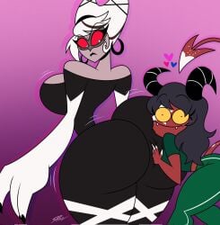 2girls annoyed annoyed_expression back_view big_breasts big_butt black_suit bodysuit bubble_butt carmilla_carmine demon demon_tail devil_horns earrings face_on_ass fat_ass hazbin_hotel hearts horns huge_breasts huge_butt large_butt looking_back oc original_character red_sclera samperez thick_thighs white_hair wide_hips