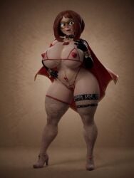 accessory ai_generated boku_no_hero_academia bracelet brown_hair cape collar fishnets heroine high_heels ineffective_clothing large_breasts latex_gloves mask my_hero_academia ochako_uraraka skimpy stockings torn_stockings v-13slopper wide_hips