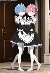 2girls ai ai-created ai_art ai_generated anime anime_character anime_girl anime_style arms_around_waist blue_eyes blue_hair feet feet_fetish frilled_apron hair_over_one_eye hair_ribbon hentai hug legs maid maid_headdress maid_uniform medium_breasts miniskirt multiple_girls no_shoes outdoors outside pantyhose pink_eyes pink_hair ram_(re:zero) re:zero_kara_hajimeru_isekai_seikatsu rem_(re:zero) short_hair sibling siblings sister sisters small_breasts smile smile_at_viewer standing twins x_hair_ornament