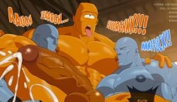 ahegao allen_the_alien bara big_pecs blue_skin cresxart cum cumming gay implied_sex invincible invincible_(tv_series) male male_only mauler_twins orange_body sucking_nipples threesome