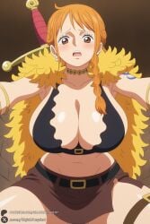 1female 1girl 1girls 2026 ai_generated artist_name belt big_ass big_breasts bikini blush braid breasts brown_eyes cape cleavage curvy earrings fur_cape hi_res high_quality high_resolution highres huge_ass huge_breasts jewelry large_breasts long_hair looking_at_viewer nami_(one_piece) navel one_piece open_mouth orange_hair patreon patreon_username skirt solo swimsuit sword tagme tattoo unjobdespiert watermark weapon