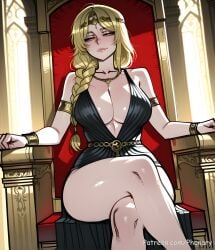 1female 1girl 1girls 2026 absurdres aesthetic ai_generated anime anime_style armlet artist_name bare_legs bare_shoulders beautiful beautiful_female beautiful_girl big_ass big_breasts bitch black_dress blonde_hair blurred_background blush blush_lines blushing blushing_female bracelet bracer braid braided_ponytail breasts bubble_ass bubble_butt circlet cleavage closed_mouth collarbone comic comic_page comic_panel comic_strip cover_page crossed_legs curvy curvy_body curvy_female curvy_figure curvy_hips curvy_thighs cute cute_face diadem dialogue digital_art digital_painting dress elden_ring english english_dialogue english_text feet_out_of_frame fromsoftware gold gold_necklace hair_over_shoulder half-closed_eyes high_quality highres huge_breasts indoors jewelry large_ass large_breasts line_art lips long_comic long_hair looking_at_viewer looking_to_the_side manga_style mature_female multiple_panels necklace patreon patreon_link patreon_logo patreon_username phanary plunging_neckline queen_marika_the_eternal sexy sexy_body sexy_female sexy_pose single_braid sitting sleeveless sleeveless_dress slut smile soft_shading solo solo_focus speech_bubble tagme text text_box text_bubble text_focus thick thighs throne watermark web_address yellow_eyes