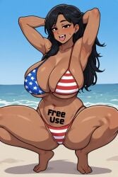 4th_of_july ai_generated american_flag_bikini beach beach_background big_boobs big_breasts big_tits bikini bikini_bottom bikini_only bikini_top black_eyes black_hair blushing blushing_female boobs boobs_bigger_than_head breasts breasts_bigger_than_head dark-skinned_female dark-skinned_sub dark_skin free_use hands_behind_head in_heat jungle_slut oc original_character self_insert slut squatting tits tits_bigger_than_head whore