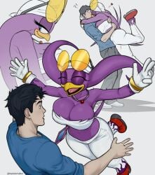 !? anthro avian big_breasts bird black_hair blue_eyes blush breasts female hospitallerinaboat hug human kiss male sega sonic_(series) video_games wave_the_swallow