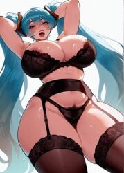 1girl ai_generated aqua_hair areola_slip armpits arms_behind_head arms_up bangs black_bra black_panties black_thighhighs blue_eyes blue_hair blush bra breasts cleavage curvy female_pubic_hair from_below garter_belt huge_breasts lace-trimmed_bra lace_panties lace_trim large_breasts league_of_legends lingerie long_hair looking_at_viewer navel nipples open_mouth panties pubic_hair pubic_hair_peek sakaro simple_background skindentation solo sona_(league_of_legends) teeth thick_thighs thighhighs thighs tongue twintails underwear very_long_hair white_background