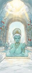 ai_generated beckoning blue_skin breasts epic_the_musical hera_(epic_the_musical) in_water milf pomegranate queen seductive seductive_look sexy spring white_hair
