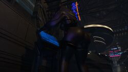 big_ass big_breasts city computer dark_background from_behind hood latex_clothing looking_away robot_girl vrchat