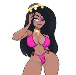 bikini black_hair blue_eyes blush breasts danny_phantom desiree desiree_(human) hand_behind_back hand_on_head headwear large_breasts long_hair makeup navel one_eye_closed slim_waist swimsuit tagme tan_body thick_thighs vanillasketchy voluptuous wide_hips