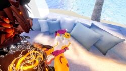 3d anthro beach canine_penis cock_on_face digimon erp fucking furry handjob heckhound hellhound knotted_penis male/female missionary_position renamon smiling torn_clothing virtual_reality vrchat